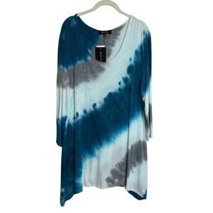 B.L.E.U. Womens Knit Tunic Size XL Teal Blue Ombre Tie-Dye Beaded 3Q Sleeves NEW